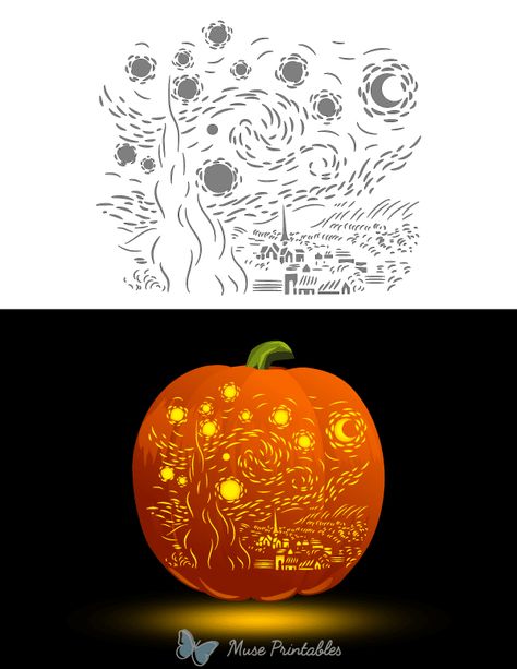 Printable Starry Night Pumpkin Stencil Starry Night Stencil, Starry Night Pumpkin Carving, Starry Night Pumpkin, Space Pumpkin Carving, Pumpkin Stencils Free, Tattoos For Women Flowers, Blue Fairy, Pumpkin Carvings Stencils, Pumpkin Stencil