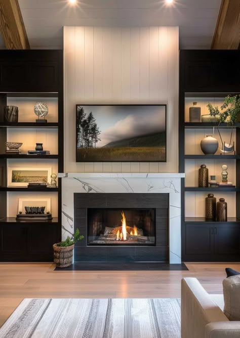 43 Best Living Room Decor Fireplace Ideas - Home Soils Modern Living Room With Chimney, Modern Fireplace Wall Living Room Stone, Living Room Fireplace Shelving, Fireplace Furniture Ideas, Living Room Built In Cabinets With Fireplace, Shelving Ideas Around Fireplace, Family Room Brick Fireplace, Built Ins With Fireplace And Tv, Built In Fireplace With Shelves