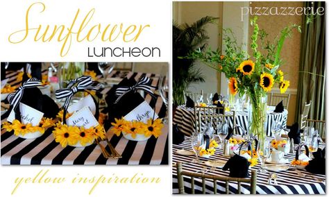 SUnflower Luncheon Party Table Luncheon Themes, Sunflower Picnic, Sunflower Black And White, Sunflower Table, Luncheon Ideas, Church Anniversary, Ladies Tea, Sunflower Party, Sunflower Baby Showers