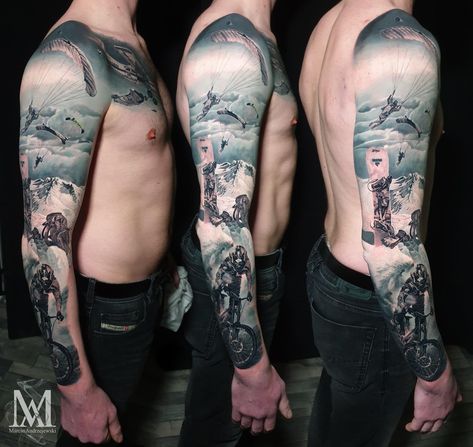 Tattoo ideas, extreme sports, parachutes, snowboarding, mountain biking, wingsuiting, motorcycles Mountain Biking Tattoos For Men, Snowboard Sleeve Tattoo, Simple Snowboard Tattoo, Skeleton Snowboarding Tattoo, Mtb Tattoo, Parachute Tattoo, Snowboarding Tattoo, Snowboard Tattoo, Mountains Tattoo