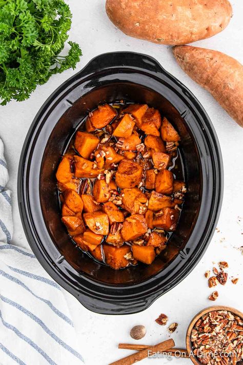 Crockpot Candied Sweet Potatoes - Eating on a Dime Candied Sweet Potatoes With Marshmallows Crockpot, Crockpot Thanksgiving Sweet Potatoes, Sweet Potatoes In Slow Cooker, Sweet Potato’s In The Crock Pot, Slow Cook Sweet Potatoes, Slow Cooker Candied Yams Crock Pot, Sweet Potatoes Crockpot Slow Cooker, Sweet Potato In Crock Pot Slow Cooker, Vegan Sweet Potato Crockpot Recipes