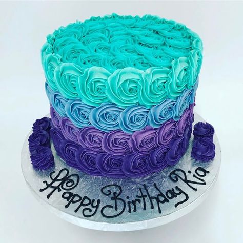 Ombre Rosette Cake, Teal Cake, Rose Cakes, Peacock Cake, Purple Cakes Birthday, Hokey Pokey, Purple Cake, Ombre Green, Dragon Cake