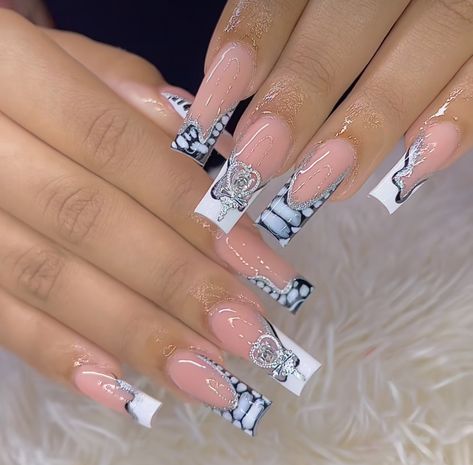 Black Grey And White Nails Ideas, Rod Wave Inspired Nails, Acrylic Nail Inspo Medium Length Square, White Boujee Nails, Birthday Nail Set Ideas Medium, Long Square Acrylic Nails Birthday, Sza Inspo Nails, Baddie Nails With Initials, Rap Concert Nails Ideas