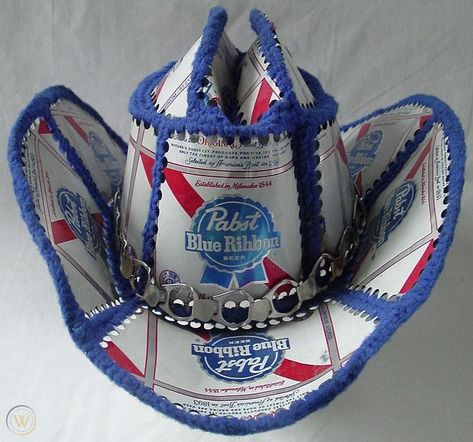 Vtg Beer Can COWBOY HAT PABST BLUE RIBBON BEER rockabilly country music red neck | #1864272035 Beer Halloween Costumes, Beer Can Hat, Vintage Beer Can, Cowboy Hat Pattern, Crochet Beer, Beer Hat, Soda Can Crafts, Pabst Blue Ribbon Beer, Aluminum Can Crafts