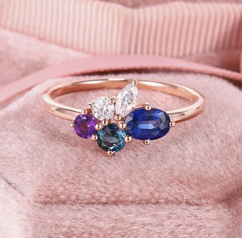 Custom Gemstone Cluster Engagement Ring Custom Heirloom Ring - Etsy Canada 5 Stone Cluster Ring, Multi Stone Ring Designs, Pearl And Gemstone Ring, 3 Stone Mothers Ring Ideas, Amethyst Cluster Ring, Mothers Ring Ideas 4 Stones, Birthstone Cluster Ring, Cluster Gemstone Rings, Three Gemstone Ring