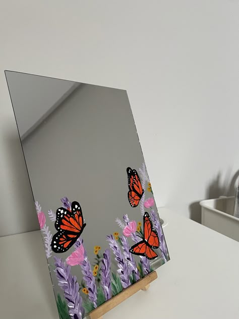 Mirror Painting Ideas Rectangle, Glass Frame Painting Ideas, Mirror Frame Painting Ideas Aesthetic, Square Mirror Painting, Mirror Painting Ideas Art, Mirror Frame Painting Ideas, Decorate Mirror Frame, Mirror Painting Ideas, Mirror Paintings