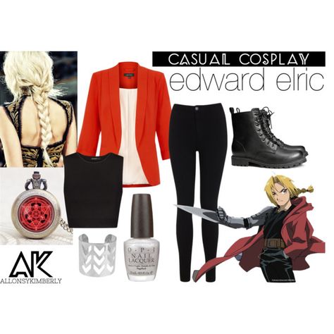 Casual Cosplay: Edward Elric by allonsy-kimberly on Polyvore featuring MANGO, Miss Selfridge, H&M and OPI Neat Outfits, Subtle Cosplay, Animated Fashion, Outfits Anime, Anime Custom, Easy Cosplay, Closet Cosplay, Practical Style, Everyday Cosplay