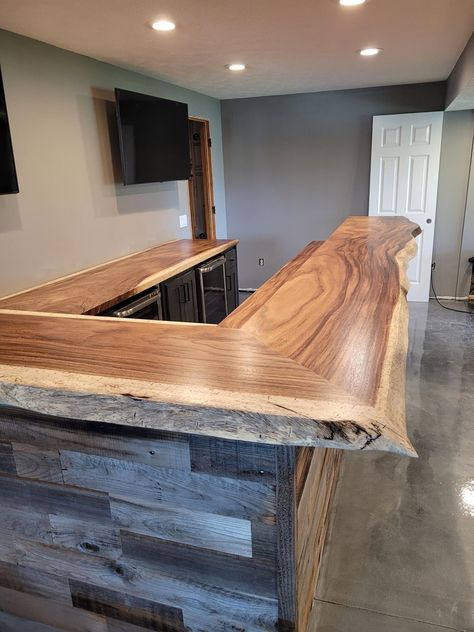 Bar With Wood Countertop, Live Edge Bartop, Bar Wood Countertop, Mountain Basement, Raw Wood Bar Top, Live Edge Outdoor Bar Top, Scaffolding Wood, Cabin Bar, Rustic Basement Bar