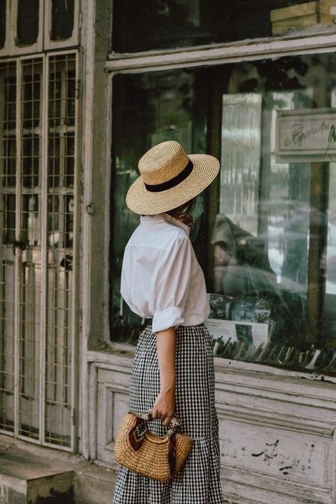 A white cotton long sleeved top is a MUST in your wardrobe. I haven't found one exactly right for AV yet, but once I do... I'll want to live in it, and hopefully you do too.  Anyhow, a white shirt paired black and white gingham is a CLASSIC and timeless feminine style outfit pairing. Add a classic boater straw hat (ser