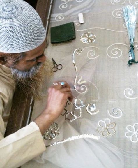 Mukaish/Badla is done by metal threads which usually come in all colours but in chikankari golden and silver are most preferred choices. The fabric is first washed and starched to make it easier to work with, then a pattern is traced on it. Small, closely-spaced stitches are made with a needle and metallic thread. Once the stitching is complete, the fabric is washed again to soften it. #Mukaish #Badla work #chikankari #chikankarikurta #chikankariembroidery #chikankarilucknow #lucknowchikan #... Badla Work, Metallic Thread, A Pattern, All The Colors, To Work, Stitching, Thread, Pattern, Fabric