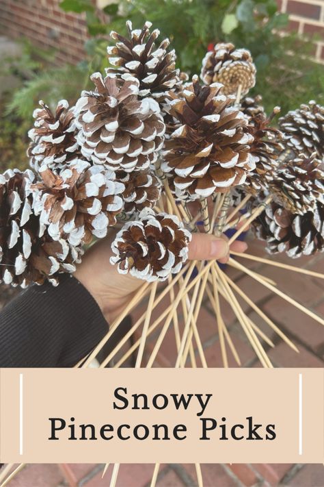 Save money on Christmas decorations by making these pinecone picks at home! Bleaching Pinecones Diy, Diy Christmas Picks, Decorating With Pine Cones, Wreath Picks, Frosted Pinecones, Snowy Pinecone, Pine Cone Christmas Decorations, Christmas Planter, Pinecone Crafts Christmas