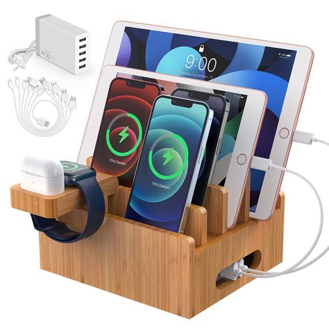 Bamboo Charging Station for Multiple Devices with 5 Port USB Charger, 5 Charger Cables,Watch and Earbud Stand; Pezin & Hulin Desk Wood Docking Stations Electronic Organizer : Amazon.ca: Everything Else Organizer Amazon, Charging Station Organizer, Phone Charging Stations, Electronic Organizer, Mobile Watch, Nightstand Organization, Desk Wood, Charger Station, Usb Charging Station