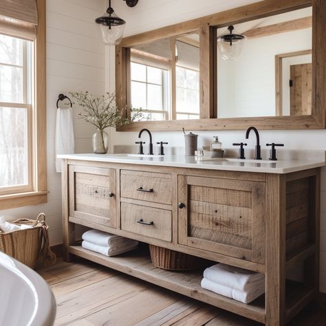 Rustic Double Vanity Bathroom, Modern Farmhouse Bathroom Ideas, White Oak Kitchen, Custom Bathroom Vanity, Bathroom Vanity Designs, Rustic Bathroom Vanities, Wood Bathroom Vanity, Modern Farmhouse Bathroom, Vanity Design