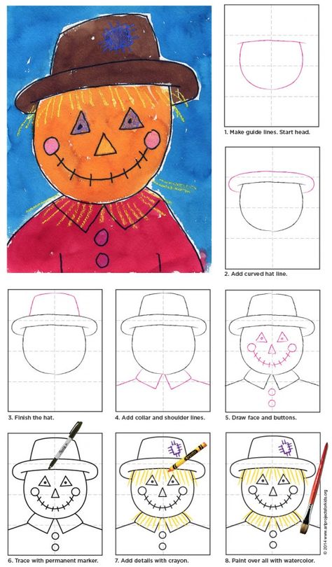 Draw a Scarecrow. PDF tutorial download available. #howtodraw #scarecrow Trin For Trin Tegning, Scarecrow Face, First Grade Art, Halloween Art Projects, October Art, 2nd Grade Art, Fall Art Projects, Fall Kindergarten, 3rd Grade Art