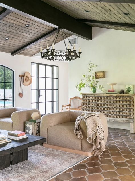 Palm Spring Spanish Revival Mediterranean Decor Living Room Modern Spanish Revival Interior Design, Modern Spanish Revival Interior Design, Spanish Revival Interior Design, Spanish Modern Living Room, Spanish Revival Living Room, Spanish Revival Interior, Modern Spanish Revival, Spanish Interior, Spanish Revival Home