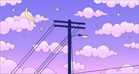 Electric Wires Aesthetic, Wires Aesthetic, Night Sky City, Vaporwave Background, Lofi Background, Dreamy Night Sky, Telephone Pole, Chill Wallpaper, Dreamy Night