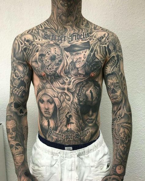 Chest Tattoo Filler Men, Sims 4 Male Full Body Tattoos, Full Upper Body Tattoo, Chest Tattoo Men Ideas Full, Tattoo Shoulder Mens, Men’s Stomach Tattoos, Chest Tattoo Men Ideas Black Man, Chicano Tattoo Design, Shoulder Tattoo Men