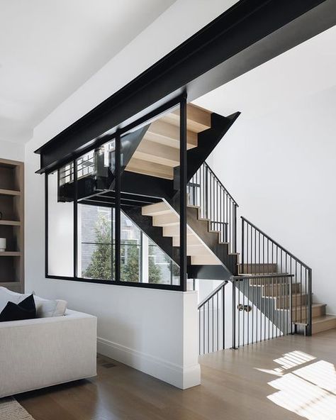 Stairs With Open Risers, Switch Back Stairs, Exposed Staircase, Industrial Staircase, Foyer Stairs, Black Stairs, Stairs Stringer, Open Stairs, Stair Well