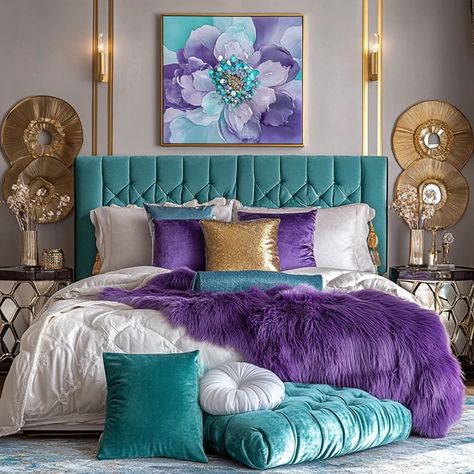 Create Lilac And Turquoise Bedroom, Turquoise And Gold Bedroom, Turquoise And Purple Bedroom, Bedroom Decor Colorful, Peacock Bedroom, Bedroom Teal, Turquoise Bedroom, 2023 Bedroom, Bedroom Turquoise