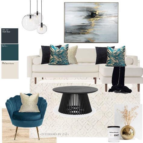 Teal Black And Beige Living Room, Turquoise Black And White Living Room, Black And White Sitting Room Ideas, Black Mood Board, White Sitting Room, Blue Scheme, Black And White Home Office, Teal Home Decor, Black Furniture Living Room