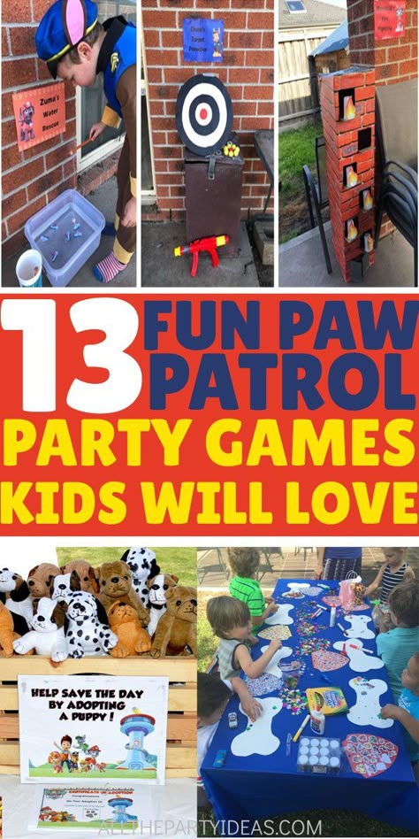 PAW PATROL PARTY GAMES for toddlers and kids birthdays for boys and girls. Fun DIY activities, crafts and ideas for indoor or outdoor fun at your party. Featuring your favorite character pups Chase, Marshall, Skye, Rubble, Rocky, Everest, and Zuma. Lots of free printables too! These easy, creative ideas are sure to be a hit for party guests! Party Games For Toddlers, Paw Patrol Party Games, Paw Patrol Games, Paw Patrol Birthday Decorations, Paw Patrol Party Decorations, Toddler Party Games, Paw Patrol Birthday Theme, Paw Party, Anniversaire Diy