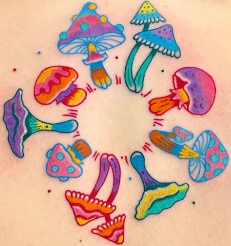 Groovy Mushroom Tattoo, Toadstool Tattoo Simple, Colorful Cartoon Tattoos, Trippy Minimalist Tattoo, Colorful Chest Tattoo, Lisa Frank Tattoo Ideas, Colorful Mushroom Tattoo, Color Line Tattoo, Colorful Tattoo Sleeve