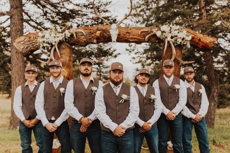 Mens Simple Wedding Attire, Rustic Groomsmen Attire Jeans Brown Vest, Wedding Vest For Men Rustic, Groomsmen In Jeans And Vests, Rustic Groomsmen Attire Jeans Country, Carhartt Wedding Attire, Groom In Jeans And Vest, Groom Jeans Wedding, Country Groomsmen Attire Jeans Boots