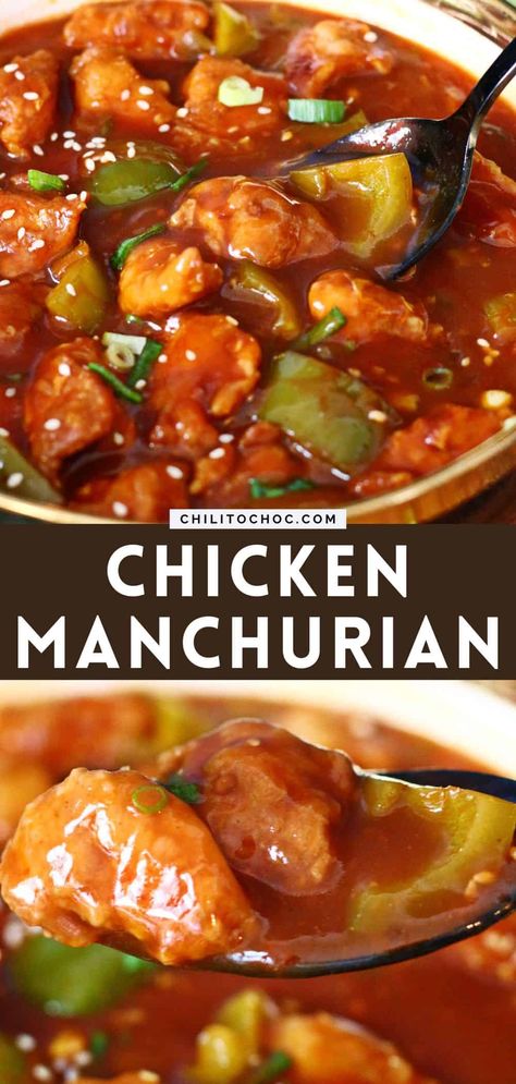 A popular Indo-Chinese dish, Chicken Manchurian features crispy fried chicken tossed in a sweet and savory red sauce with stir-fried bell peppers and green onions. My restaurant-style recipe is perfectly balanced and is sure to hit the spot every time! Chicken Peppers And Onions, Chicken Manchurian, Garlic Sauce For Chicken, Popular Chinese Dishes, Indo Chinese Recipes, Restaurant Style Recipes, Chinese Chicken Recipes, Red Chicken, Hot And Sour Soup