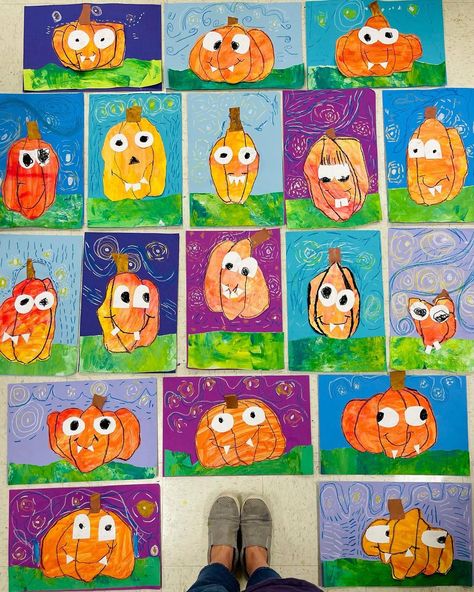 Keisha L. Casiano on Instagram: “But these kinder pumpkins!!!!😍❤️😂 so stinkin cute! We mixed our orange using primary colors, next added our starry night sky inspired by…” October Crafts For First Grade, Pumpkin Watercolor Painting For Kids, Cute Pumpkin Craft, Primary Color Lessons For Kindergarten, Preschool Orange Crafts, Fall Crafts School, Pumpkin Art For Preschoolers, Halloween Art Projects For 1st Grade, Pumpkin Art Grade 1