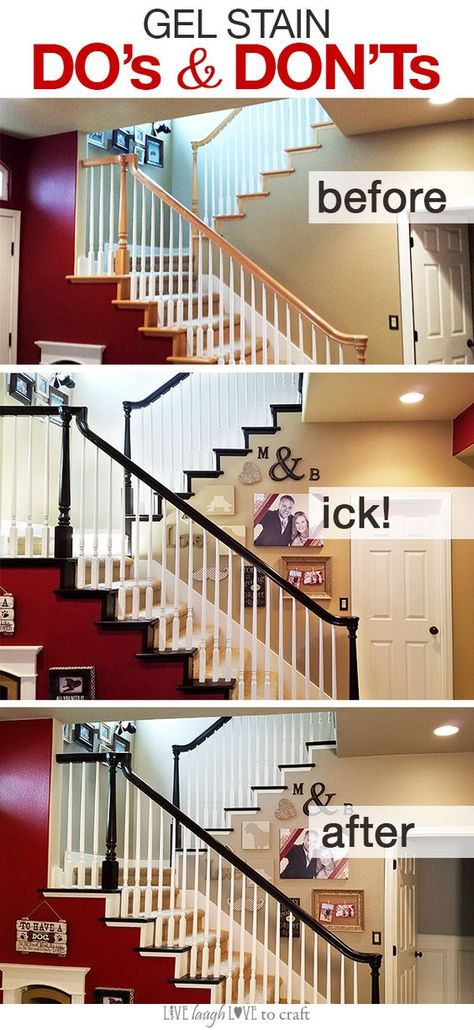 After months of admiring this amazing gel stain makeover over at Remodelaholic, I finally had a stretch of time off work long enough to dive right in and tackle this project in my home. (My office … Stained Stair Railing, Paint For Stairs Staircases, Stair Case Remodel Ideas, Staining Banister, Gel Stain Staircase, Gel Stain Banister, Stain Staircase, Painted Balusters, Painted Stairs Makeover