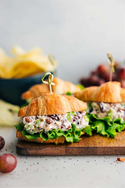 The BEST Chicken Salad Recipe Chicken Salad Sandwich Party, Mini Chicken Salad Croissant, Chicken Salad On Croissant, Classic Chicken Salad Recipe, Bbq Chicken Sandwich Recipes, Crispy Chicken Salad, Sandwich Catering, Teriyaki Chicken Salad, Homemade Chicken Salad