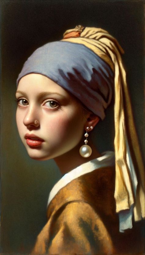 From Peter van de Ven Prompt Engineering, Girl With A Pearl Earring, Female Art Painting, Pearl Earring, 인물 사진, Mural Art, Ancient Art, Portrait Drawing, Vincent Van Gogh