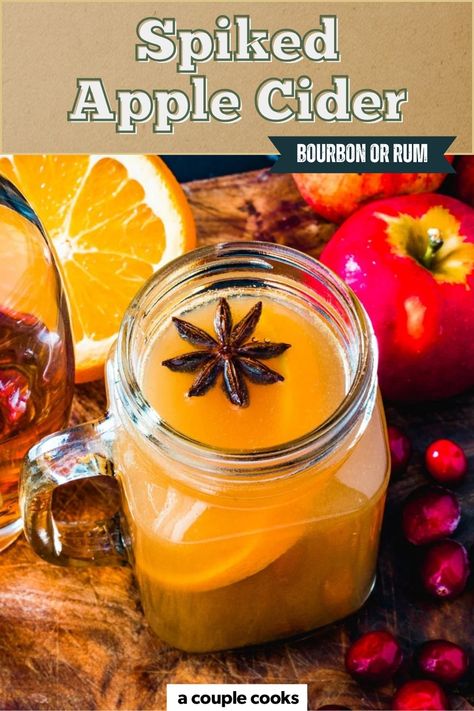 This hot spiked apple cider recipe hits all the cozy notes! Rum or bourbon perfectly complement the cinnamon, cloves, and star anise. #drinks #cocktails #applecider #spiked #cider #spikedapplecider #spikedcider #hotdrink #fall Hot Spiked Apple Cider Recipe, Warm Christmas Drinks, Hot Alcoholic Drinks, Hot Buttered Rum Mix, Spiked Apple Cider Recipe, Cocktails For Fall, Crockpot Apple Cider, Cocktails Non Alcoholic, Liqueur Cocktails