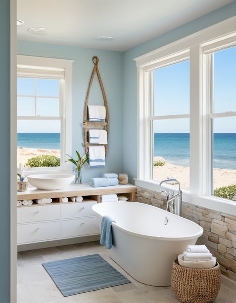 43 Bathroom Remodel Ideas To Transform Your Space And Elevate Style Bathroom Remodel Coastal Modern, Beach House Interior Bedroom, Small Coastal Bathroom Ideas, Modern Coastal House, Small Coastal Bathroom, Calming Bathroom, Elevate Style, Bold Bathroom, Pebble Floor