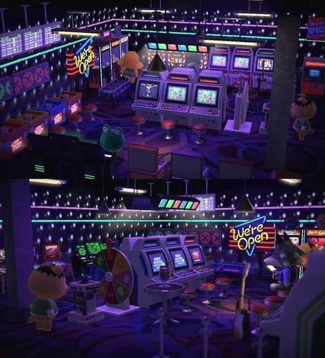 Arcade Room Animal Crossing, Acnh Outdoor Arcade, Acnh Arcade Room, Acnh Arcade Design, Animal Crossing Arcade Ideas, Animal Crossing Art Gallery, Animal Crossing Gallery Ideas, Animal Crossing Maximalism, Arcade Animal Crossing