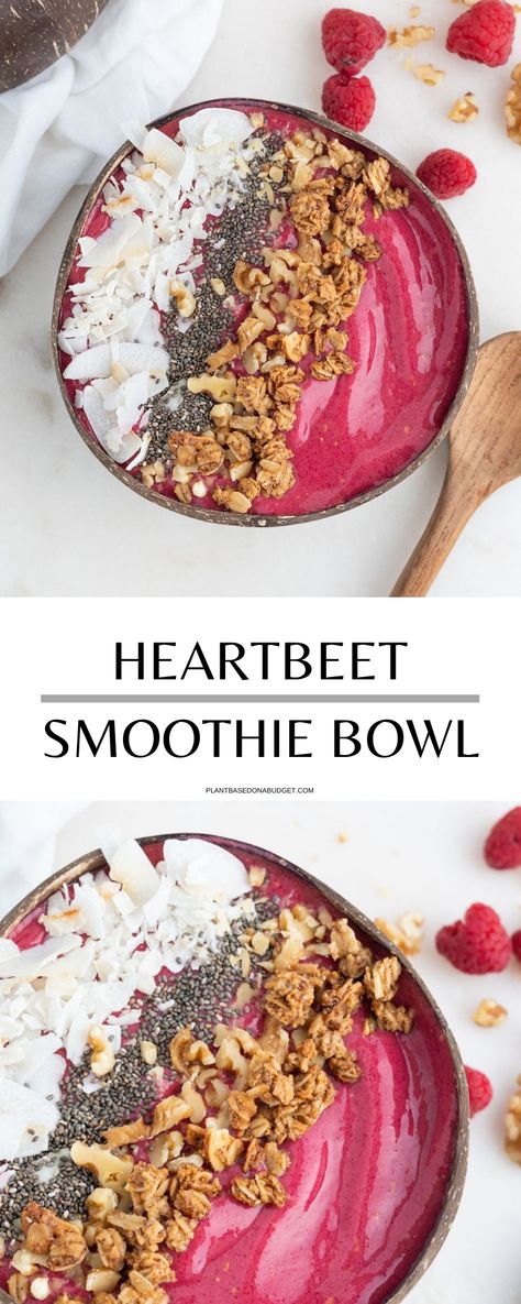 Heart-Beet Smoothie Bowl - Plant Based on a Budget Beetroot Smoothie Bowl, Roasting Beets, Plant Based On A Budget, Crunchy Toppings, Budget Vegan, Recipe Smoothie, Vegan Smoothie Recipes, Raw Beets, Beet Smoothie