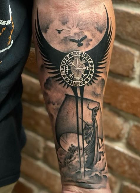 Viking Vegvisir Wings Idea Viking Odin Tattoo, Beserkers Vikings Tattoo, Viking Leg Sleeve Tattoo, Japanese Arm Sleeve Tattoo For Men, Viking Tattoos For Men Norse Mythology, Viking Leg Sleeve, Viking Forearm Tattoo Men, Viking Couple Tattoo, Viking Sleeve Tattoo For Men