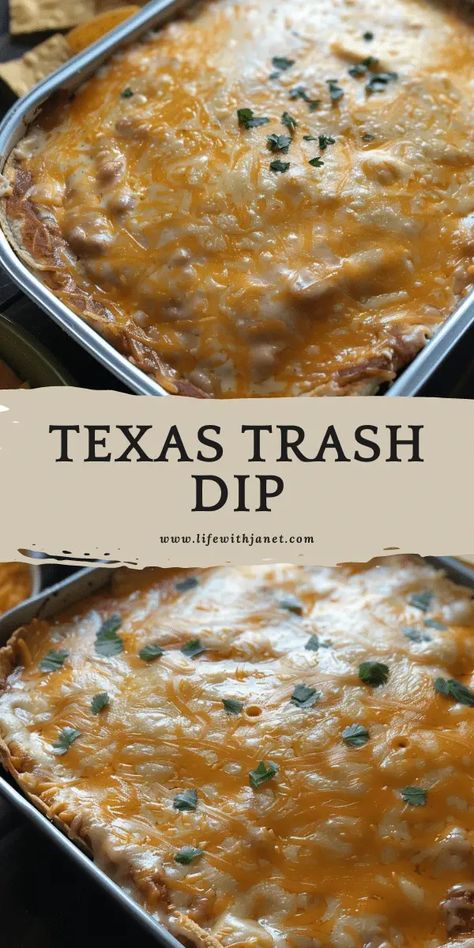 Texas Trash Dip Texas Bean Dip, Creamy Bean Dip, Texas Trash Chicken, Easy Warm Dip Recipes, Trash Dip Recipe, Cheesy Dip Recipes, Warm Bean Dip, Texas Trash Dip, Work Potluck