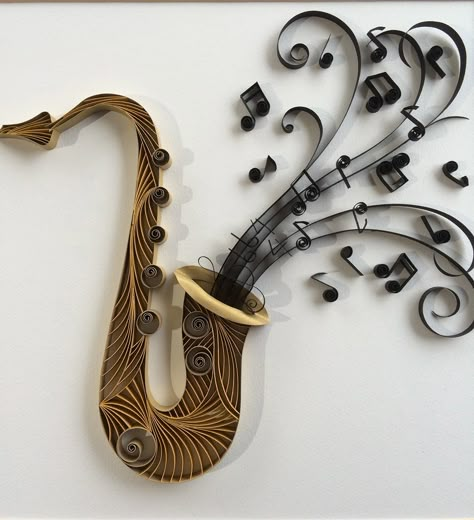 Quilling Art| The Saxophone, Quilling, Paper art| bahance.net| photo by: Armida Ortega|-- This saxophone is so intricate and lovely looking. I can't wait to have a go making one myself. Quilling Music, Quilled Letters, Quilling Paper Art, Arte Quilling, Paper Quilling Tutorial, Kraf Kertas, Origami And Quilling, Art Quilling, Desain Quilling