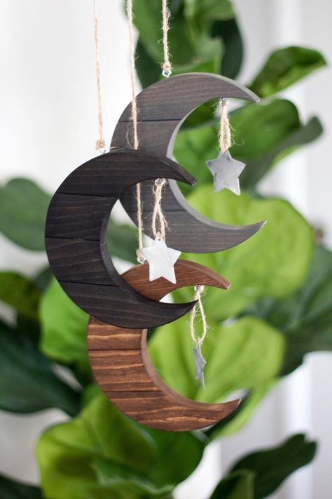 Mystical Nursery, Moon Decorations, June Moon, Stars Decor, Clay Tags, Stars Nursery, Celestial Decor, Rustic Nursery Decor, Wood Moon