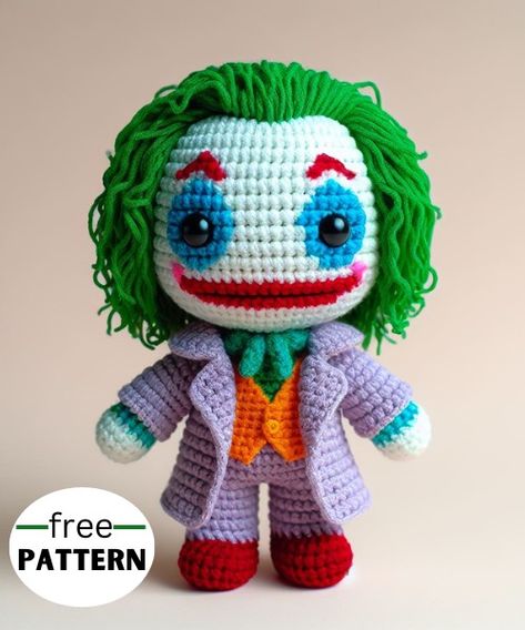 Joker Amigurumi Pattern Amigurumi Pattern Free, Batman Amigurumi, فن الرسم بالمسامي�ر, Crochet Batman, Knitting Patterns Free Dog, Creepy Creatures, Halloween Villain, Funny Characters, Crochet Toys Free Patterns