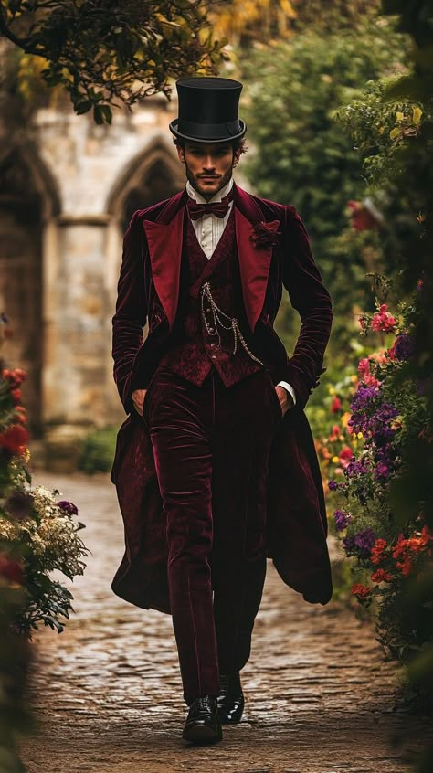 #Elegant #vintage #gentleman: A distinguished man in an #elegant #maroon #Victorian suit walks confidently through a blooming #garden alley. #aiart #aiphoto #stockcake ⬇️ Download and 📝 Prompt 👉 https://stockcake.com/i/elegant-vintage-gentleman_1317962_857616 Victorian Masquerade Ball Men, Romantic Groom Attire, 1910 Mens Fashion, Old Time Outfits Men, Unique Prom Outfits For Guys, Victorian Suit Mens, Victorian Era Mens Fashion, 1800s Fashion Male, Victorian Clothing Male