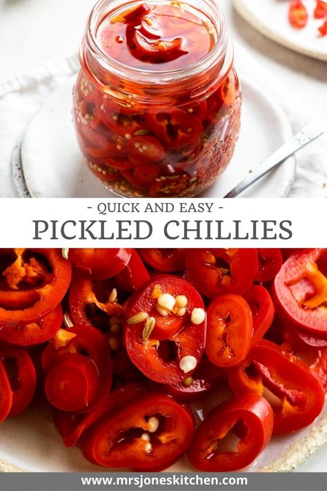 These quick pickled chillies are spicy, sharp, and so addictive! This easy recipe is great for when you have a lot of chillies, and they go with so many dishes, from salads to noodles! Preserved Chillies, Pickled Chillies, Chilli Pickle Recipe, Salsa Canning Recipes, Easy Pickling Recipes, Easy Pickle, Easy Chilli, Quick Pickled, Chilli Recipes