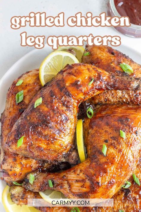 These grilled chicken leg quarters are juicy, tender, and oh so flavorful! Coated in with oil and a simple seasoning mix, grilled until deliciously golden, and then finished off with bbq sauce brushed on top, these grilled chicken legs are a perfect addition to any cookout! Grilled Chicken In Air Fryer, Marinade Grilled Chicken, Grilled Chicken Leg Quarters, Chicken Quarter Recipes, Chicken In Air Fryer, Chicken Leg Quarter Recipes, Grilled Chicken Sandwich Recipes, Grilled Chicken Legs, Grilled Chicken Breast Recipes