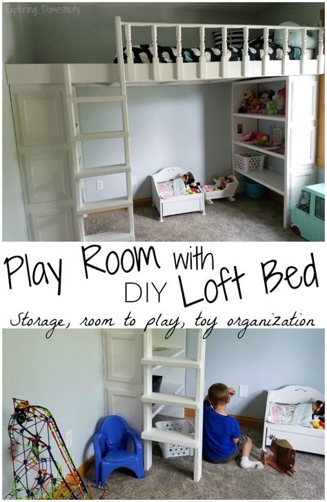 DIY Play Room Loft Bed - plenty of storage and space for play    kids | play storage | kids room | bed with storage | play area | toy organization    #playroom #organization #toyorganozation #loftbed #diy #kidsroom | #diyhomedecor Room Loft Bed, Downstairs Playroom, Loft Bed Storage, Play Storage, Organization Playroom, Diy Loft, Kids Room Bed, Diy Loft Bed, Diy Playroom