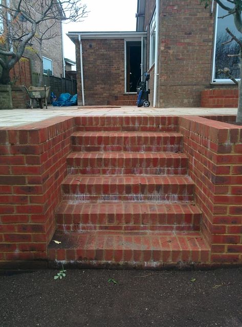 Building Brick Steps, Brick Landing And Steps, Brick Stairs Garden, Exterior Brick Stairs To Front Door, Brick Stairs Outside Entrance, Sleeper Steps, Sunken Patio, Porch Stairs, Patio Grill