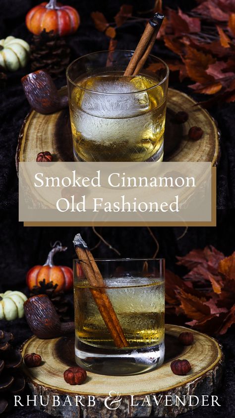 This smoke infused old fashioned is flavoured with sweet and spicy cinnamon and served with a burnt cinnamon stick for an added smoky aroma. Inspired by the character of Gandalf the Grey from J.R.R. Tolkien's The Lord of the Rings, the smoked cinnamon old fashioned is perfect for a crisp autumn day or a Lord of the Rings themed party! Thanksgiving Old Fashioned, Lotr Drinks, Cinnamon Old Fashioned, Bar Drink Recipes, Cinnamon Simple Syrup, Fantasy Food, Gandalf The Grey, Autumn Evening, Drink List