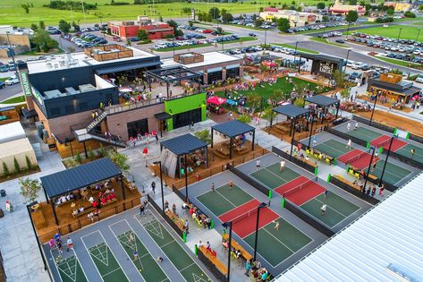 Indoor Pickleball Court, Chicken N Pickle, Indoor Pickleball, Sport Bar Design, Outdoor Sports Court, Outdoor Restaurant Patio, Pickleball Courts, Camping Park, Nevada Travel