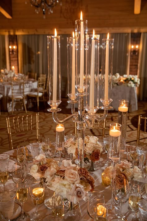 Wedding Decor Candelabras, White Florals Sweetheart Table, Candleopera Centerpieces Wedding, Candle Opera Centerpiece, Classic Wedding Reception Decor, Candlelight Wedding Reception, Gold Wedding Decorations Receptions, Wedding Decor Aesthetic, Candelabra Wedding Centerpieces