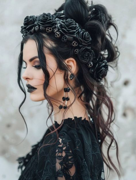 Victorian Style Hair Styles, Wedding Hairstyles With A Crown, Bridal Hair Styles With Tiara, Wedding Hair Accessories For Bride, Gothic Wedding Hair Styles, Gothic Bride Hair, Halloween Wedding Hair, Black Curls Aesthetic, Wedding Hair Goth